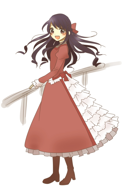 1girl aged_up alternate_universe blush boots bow brown_eyes chloe_ardenne chloe_no_requiem dress female_focus frills full_body hair_bow looking_at_viewer open_mouth purple_hair sidelocks simple_background skc smile solo white_background