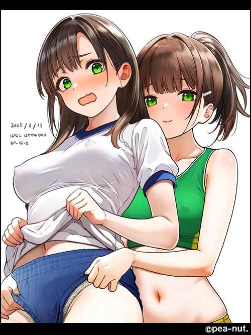 2girls blue_buruma blunt_bangs brown_hair buruma buruma_pull clothes_lift clothes_pull cowboy_shot dated frontal_wedgie green_eyes green_sports_bra gym_shirt gym_uniform hanako_(peanut) multiple_girls navel original panties panties_under_buruma ponytail shirt shirt_lift short_hair simple_background sports_bikini sports_bra t-shirt underwear upper_body wedgie white_background white_shirt