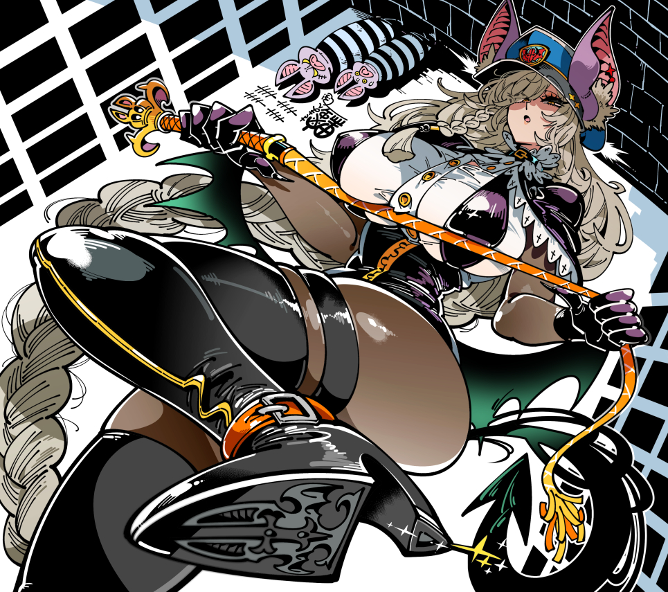 1girl 2others animal animal_ear_fluff animal_ears ankle_belt bat_(animal) bat_ears bat_girl bat_wings belt black_boots black_capelet black_choker black_gloves black_wings blue_hat boots braid breasts buckle buttons capelet choker covered_erect_nipples cross demon_tail fingernails foot_out_of_frame four-pointed_star from_below gloves gold_buttons green_wings grey_hair hair_over_one_eye hat high_heel_boots high_heels holding holding_whip huge_breasts kafun long_hair looking_at_viewer looking_down low_wings multicolored_wings multiple_others narrow_waist orange_belt original peaked_cap prison_cell purple_ears sharp_fingernails shirt shoe_soles skindentation solo_focus standing standing_on_one_leg star_(symbol) tail taut_clothes taut_shirt thigh_boots thigh_strap underbust whip white_shirt wings zipper