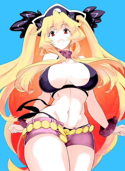 1girl anne_bonny_(fate) anne_bonny_(swimsuit_archer)_(first_ascension)_(fate) bikini bikini_under_clothes black_bikini black_hat blonde_hair blue_background breasts commentary_request contrapposto covered_erect_nipples cuffs fate/grand_order fate_(series) from_below hat large_breasts lowleg lowleg_shorts narrow_waist navel open_fly purple_shorts red_eyes shackles shiromako short_shorts shorts side-tie_bikini_bottom solo swimsuit two_side_up