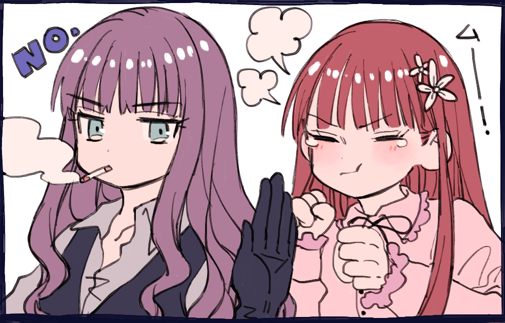 2girls amane_(7783) black_gloves blue_eyes blush cigarette commentary_request flower gloves hair_flower hair_ornament long_hair long_sleeves multiple_girls original pout purple_hair red_hair sidelocks upper_body white_background