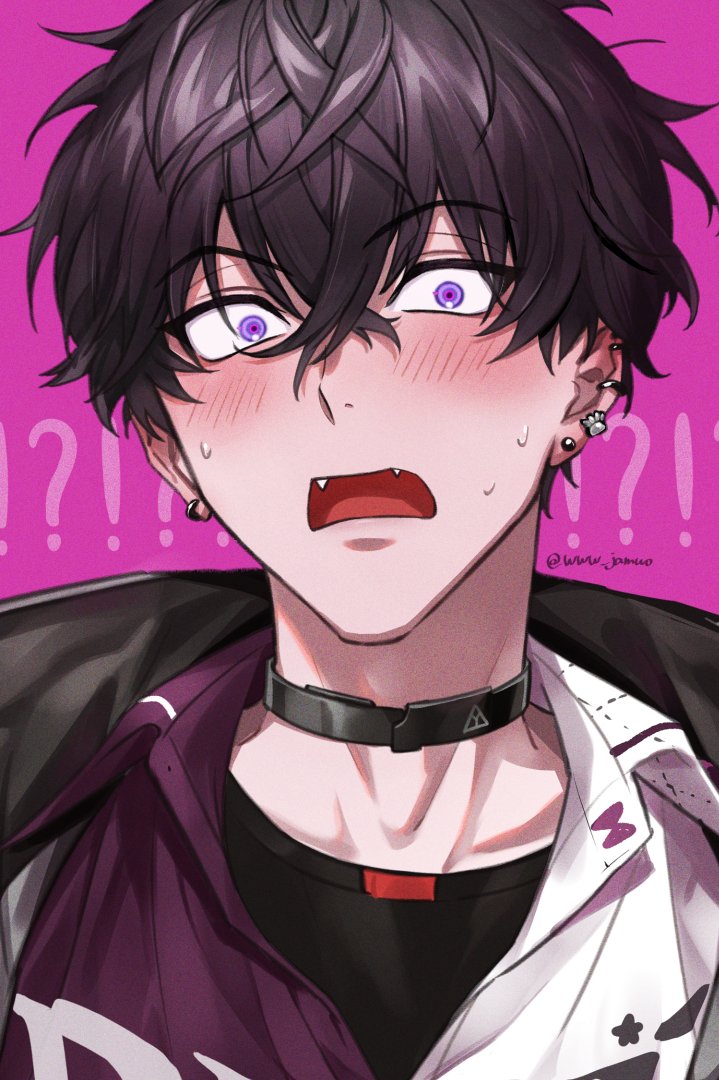 1boy artist_name black_choker black_hair black_shirt blush choker collarbone collared_shirt commentary_request crossed_bangs ear_piercing earrings embarrassed fangs flustered hair_between_eyes jewelry looking_at_viewer male_focus multicolored_shirt nijisanji nose_blush open_mouth paw_earrings piercing pink_background purple_eyes purple_shirt saiki_ittetsu saiki_ittetsu_(1st_costume) shirt short_hair solo sweat twitter_username undershirt upper_body virtual_youtuber white_shirt wide-eyed www_jamuo