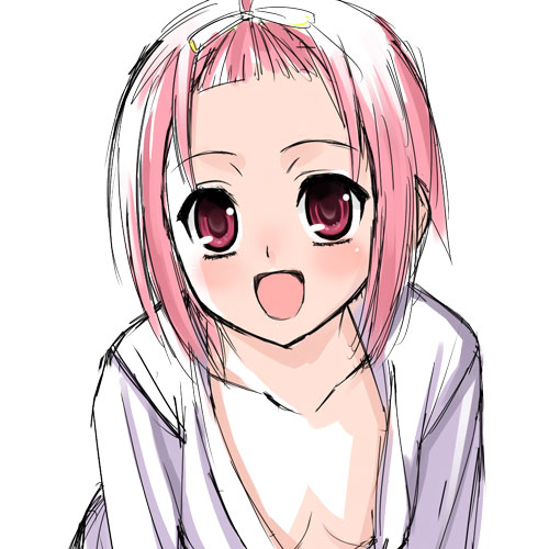 00s 1girl akito_(ao&#039;s_club) akito_(artist) blush female_focus flat_chest forehead hair_ornament hairclip happy high_ponytail kuzuryuu_momoko leaning_forward lowres no_bra open_clothes open_shirt pink_eyes pink_hair ponytail shirt short_hair solo sumomomo_momomo