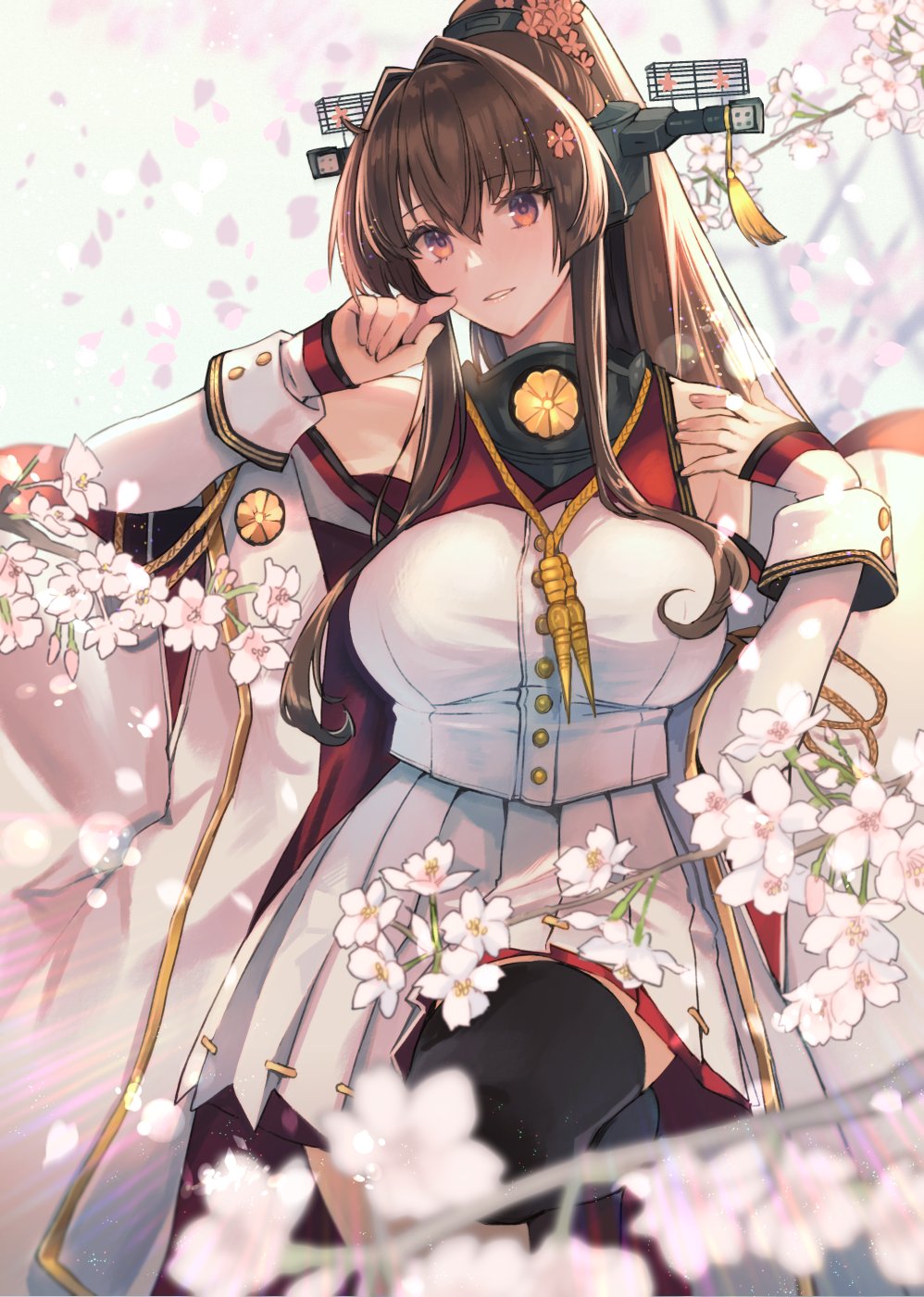 1girl black_thighhighs blurry blurry_foreground boots breasts brown_eyes brown_hair cherry_blossoms coat commentary_request falling_petals flower hair_between_eyes hair_flower hair_intakes hair_ornament headgear highres kantai_collection kasumi_(skchkko) large_breasts long_hair looking_at_viewer parted_lips petals pleated_skirt ponytail sidelocks single_thigh_boot skirt sleeveless sleeveless_coat smile solo standing standing_on_one_leg thigh_boots thighhighs very_long_hair white_coat white_skirt yamato_(kancolle) yamato_kai_ni_(kancolle)