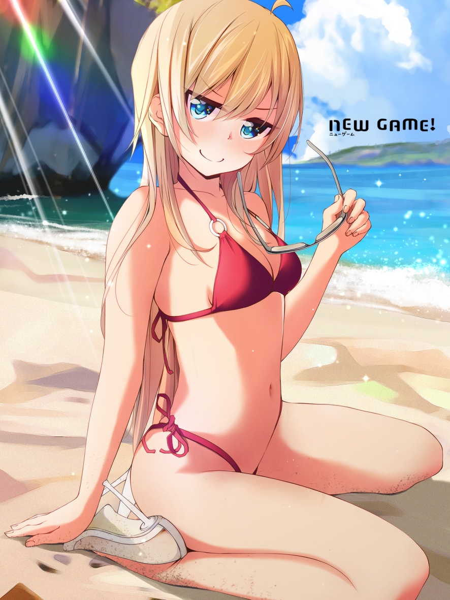 1girl ahoge bare_shoulders beach bikini blonde_hair blue_eyes blush breasts chuutaro_metal cloud collarbone commentary_request copyright_name dirty_footwear fingernails high_heels long_hair looking_at_viewer medium_breasts navel new_game! o-ring o-ring_bikini ocean outdoors red_bikini side-tie_bikini_bottom sidelocks sitting solo swimsuit thighs unworn_eyewear wariza white_footwear yagami_kou