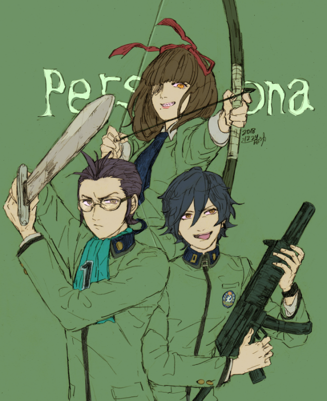 1girl 2boys ascot bayu_(uyab003) black_hair blue_ascot brown_eyes brown_hair copyright_name glasses green_background green_jacket grin gun hair_between_eyes hair_slicked_back holding holding_gun holding_sword holding_weapon jacket lipstick looking_at_viewer machine_gun makeup mole mole_under_mouth multiple_boys nanjou_kei persona persona_1 pink_lips red_ribbon ribbon school_uniform short_hair smile sonomura_maki st._hermelin_school_uniform sword tongue tongue_out toudou_naoya two-handed uneven_eyes upper_body watch weapon wristwatch yellow_eyes