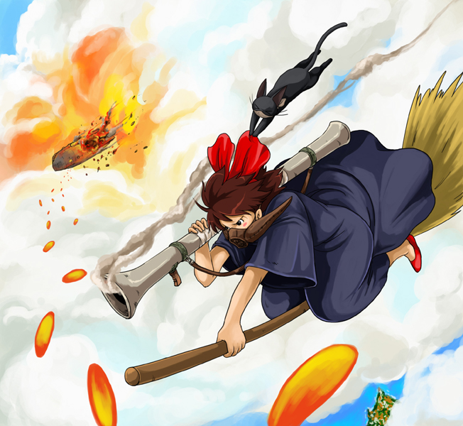 1980s_(style) 1girl angry black_cat bow broom broom_riding brown_eyes brown_hair cat company_connection cosplay crossover dress epic explosion female_focus fire flared_muzzle gas_mask hair_bow jiji_(majo_no_takkyuubin) kaze_no_tani_no_nausicaa kiki_(majo_no_takkyuubin) m1_bazooka majo_no_takkyuubin mask nausicaa nausicaa_(cosplay) oldschool redlark retro_artstyle rocket_launcher short_hair smoke solo studio_ghibli weapon witch