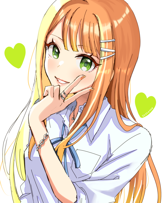 1girl ayaca blue_ribbon blush breasts chain chain_bracelet commentary gakuen_idolmaster green_eyes grin hair_ornament hairclip hand_up hatsuboshi_gakuen_school_uniform heart idolmaster jewelry large_breasts long_hair long_sleeves looking_at_viewer mole mole_under_eye multiple_rings nail_polish neck_ribbon necklace orange_hair orange_nails ribbon ring school_uniform shirt shiun_sumika sleeves_rolled_up smile solo spot_color straight_hair upper_body v white_background white_shirt