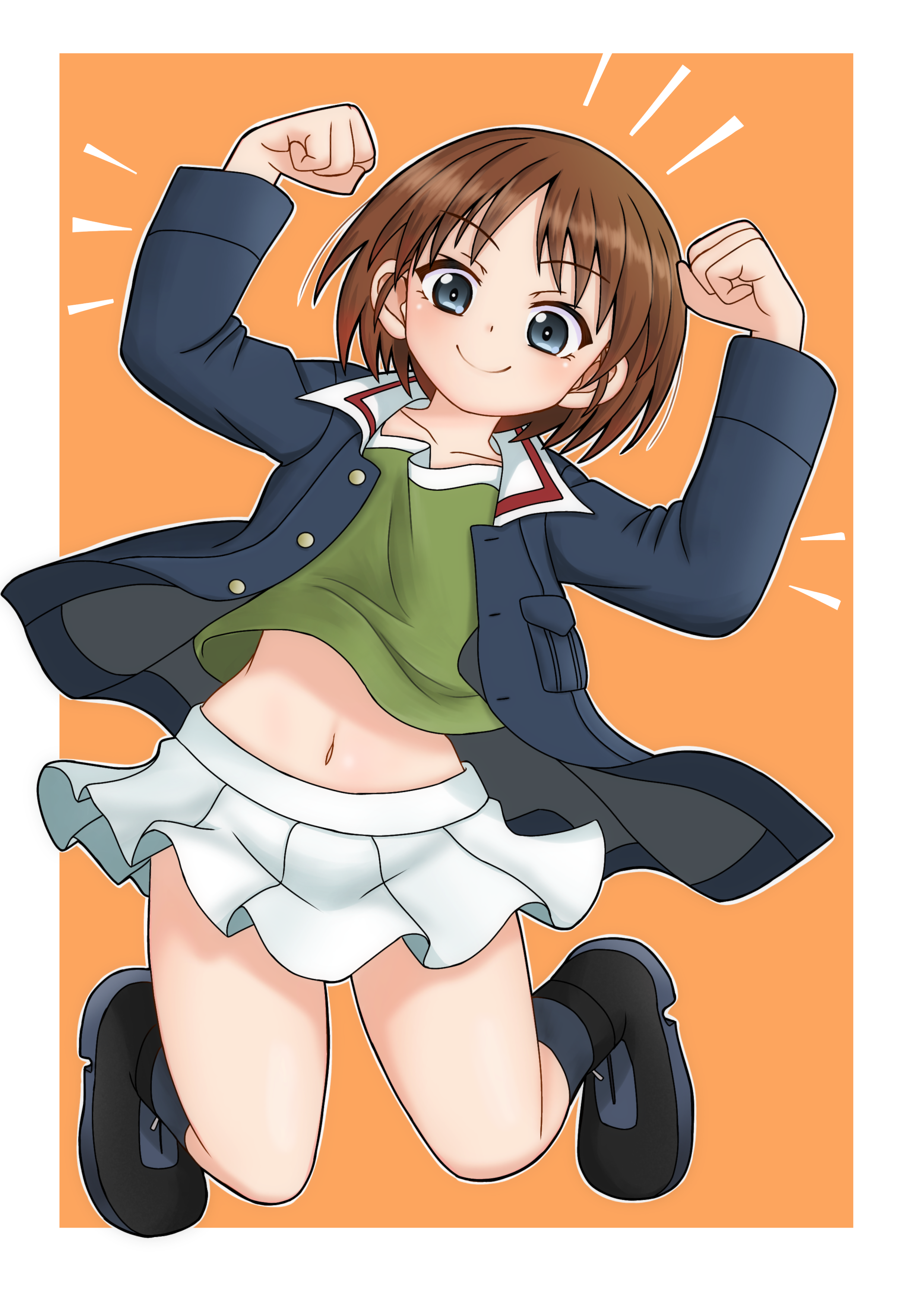 1girl absurdres amanone_yun black_boots black_socks blue_eyes blue_jacket boots brown_hair clenched_hands closed_mouth commentary flexing full_body girls_und_panzer green_undershirt highres jacket jumping legs_up like_and_redraw_challenge long_sleeves looking_at_viewer midriff_peek military_uniform miniskirt navel notice_lines ooarai_military_uniform orange_background pleated_skirt sakaguchi_karina short_hair skirt smile socks solo undershirt white_skirt