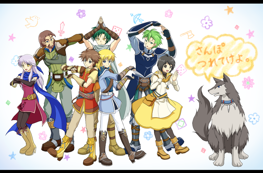 2girls 5boys :d aran_(fire_emblem) arano_hachi bangle bare_shoulders beard black_gloves black_hair black_legwear blonde_hair blue_eyes blue_scarf boots bracelet brown_eyes brown_hair dancing dress edward_(fire_emblem) elbow_gloves facial_hair fingerless_gloves fire_emblem fire_emblem:_radiant_dawn gloves green_eyes green_hair hair_ribbon half_updo jewelry laura_(fire_emblem) leonardo_(fire_emblem) long_hair micaiah_(fire_emblem) multiple_boys multiple_girls nailah_(fire_emblem) necklace nintendo nolan_(fire_emblem) open_mouth pantyhose pendant ribbon scarf short_hair side_slit silver_hair simple_background sleeveless sleeveless_dress smile sothe_(fire_emblem) speech_bubble volug_(fire_emblem) weapon wolf yellow_eyes