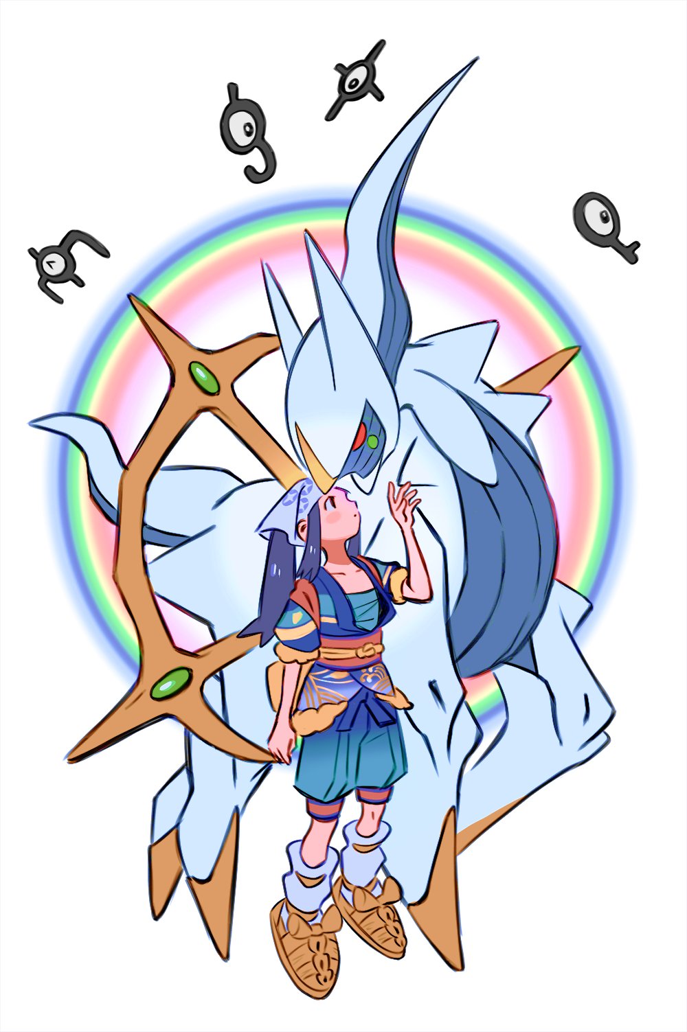 1girl akari_(pokemon) arceus black_hair forehead-to-forehead gen_2_pokemon gen_4_pokemon heads_together headscarf highres horns japanese_clothes legendary_pokemon looking_up mythical_pokemon nintendo official_alternate_costume pokemon pokemon_(creature) pokemon_legends:_arceus rainbow sanigo sarashi simple_background unown unown_e unown_j unown_q unown_x white_headscarf