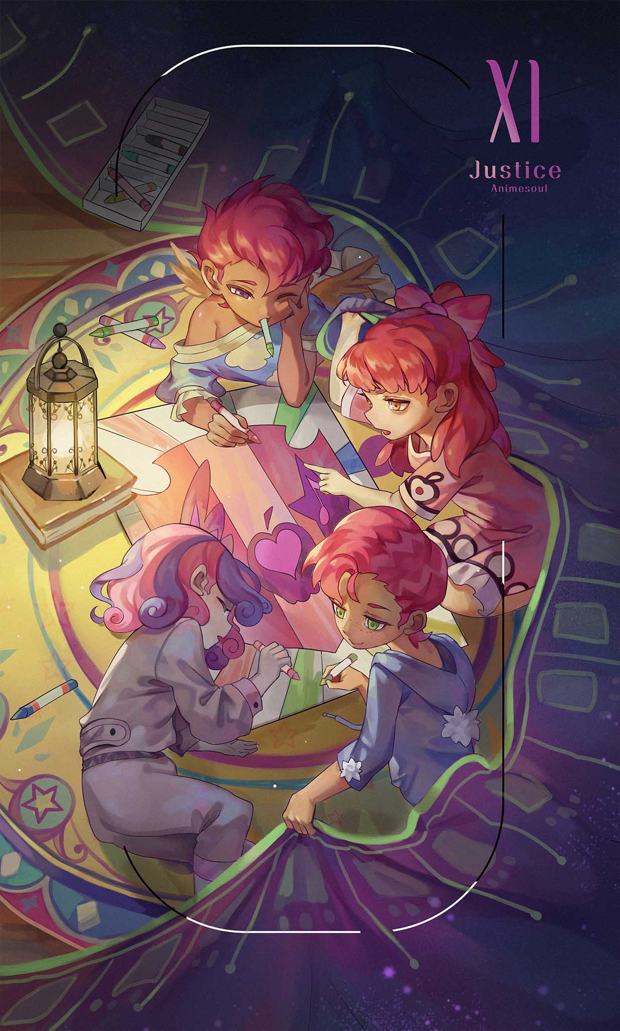 4girls animesoul apple_bloom babs_seed blanket bow card_(medium) chinese_commentary closed_eyes commentary_request covering_with_blanket crayon cutie_mark_crusaders dark-skinned_female dark_skin elbow_rest freckles green_eyes hair_bow hand_on_own_cheek hand_on_own_face highres holding holding_crayon hood hood_down justice_(tarot) kneeling lantern long_sleeves lying multicolored_hair multiple_girls my_little_pony my_little_pony:_friendship_is_magic off_shoulder on_floor on_side on_stomach open_mouth pajamas personification pink_hair pointing purple_hair red_hair rug scootaloo short_hair short_sleeves sleeping smile streaked_hair sweetie_belle tarot tarot_(medium) wings yellow_eyes