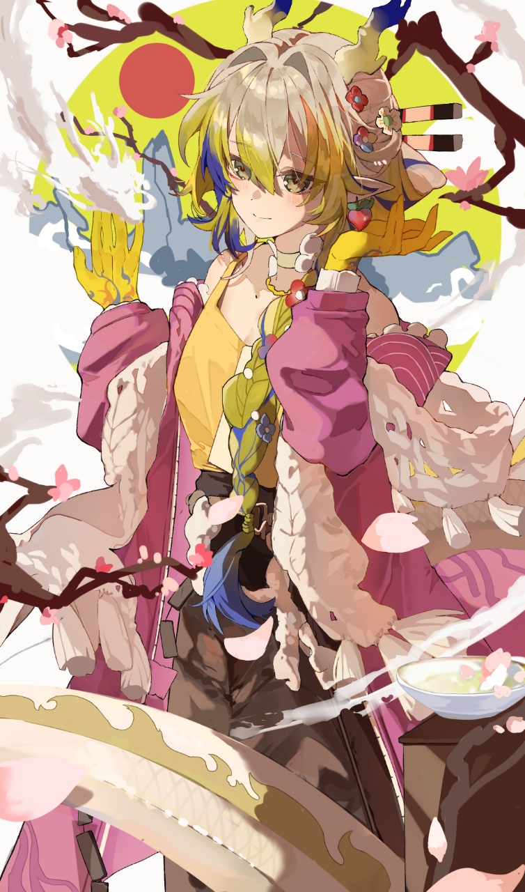 1girl arknights blonde_hair blue_hair blush camisole chinese_commentary choker closed_mouth coat colored_extremities commentary cup dragon dragon_girl dragon_horns dragon_tail drink eastern_dragon eyes_visible_through_hair gemini_(moonsage) grey_choker grey_hair hair_between_eyes hair_intakes highres horns long_hair long_sleeves multicolored_hair off_shoulder official_alternate_costume pink_coat red_sun sakazuki shawl shu_(arknights) shu_(spring_feast)_(arknights) smile solo tail tassel white_shawl yellow_camisole yellow_eyes