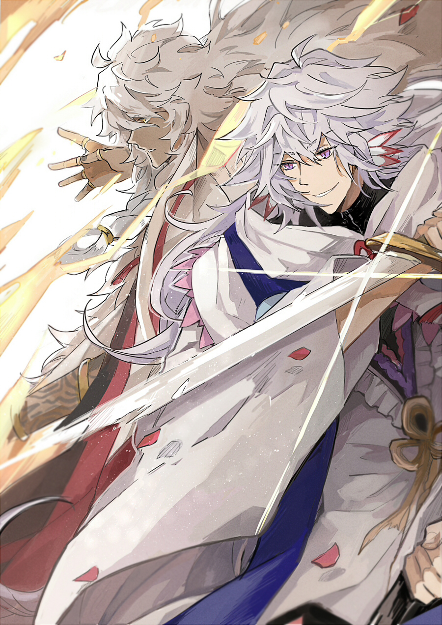 2boys arm_tattoo armlet black_nails braid dark-skinned_male dark_skin earrings falling_petals fate/grand_order fate_(series) flower_earrings frilled_shirt frills glint gold_armlet grin hair_between_eyes hand_up highres holding holding_sword holding_weapon hood hood_down hooded_robe jewelry long_hair long_sleeves looking_ahead magic male_focus merlin_(fate) multiple_boys multiple_rings nail_polish orange_eyes parted_lips petals purple_eyes ring robe ruoyin shirt side_braid simple_background single_braid smile solomon_(fate) sword tattoo thumb_ring very_long_hair weapon white_background white_hair white_robe white_shirt wide_sleeves
