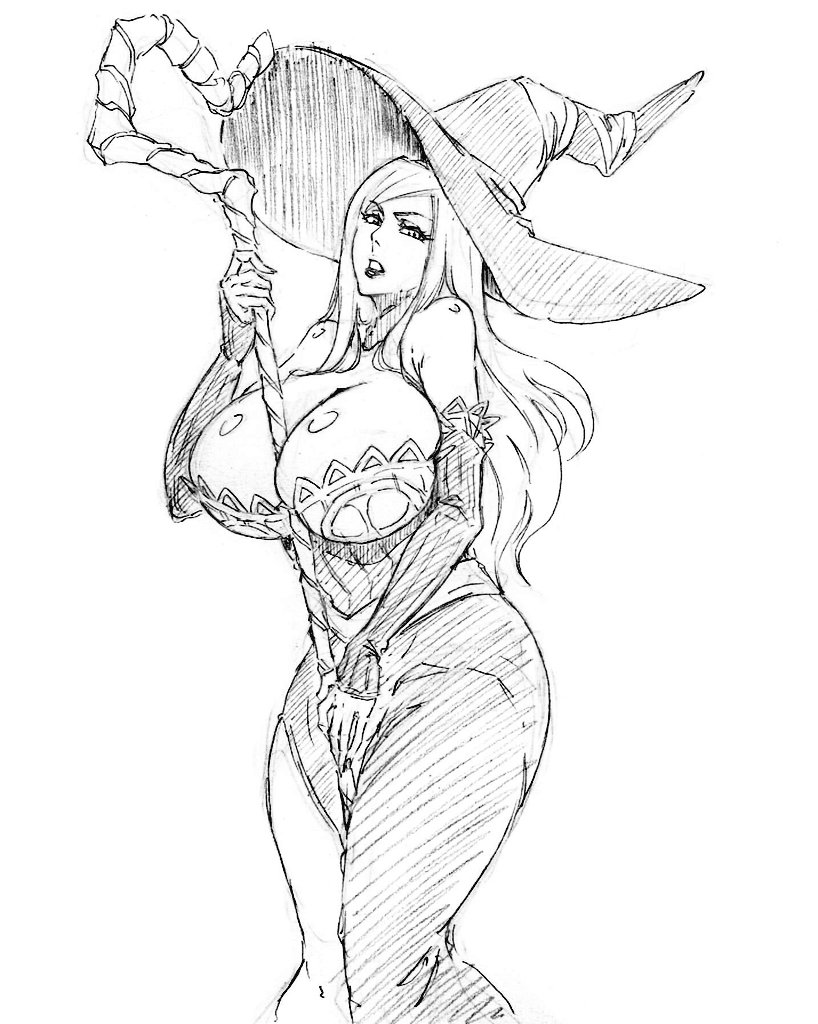 1girl bare_shoulders between_breasts breasts cleavage detached_sleeves dragon&#039;s_crown hat huge_breasts kubo_tite_(style) lipstick long_hair looking_at_viewer makeup parted_lips rakusakugk skirt solo sorceress_(dragon&#039;s_crown) staff vanillaware witch_hat