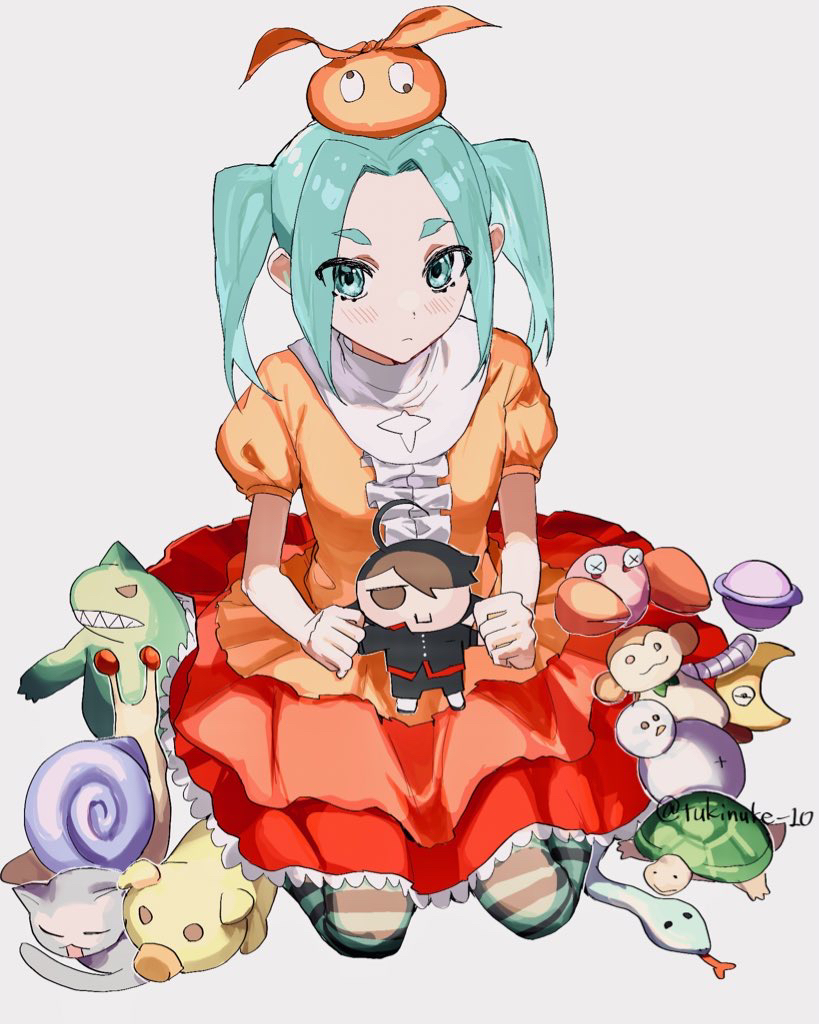 1girl araragi_koyomi artist_name black_thighhighs blue_eyes blue_hair blue_thighhighs character_doll closed_mouth commentary_request doll dress expressionless full_body googly_eyes hat holding holding_doll looking_at_viewer medium_hair monogatari_(series) ononoki_yotsugi orange_dress orange_hat parted_bangs puffy_short_sleeves puffy_sleeves short_sleeves simple_background solo striped_clothes striped_thighhighs stuffed_animal stuffed_cat stuffed_crab stuffed_monkey stuffed_snail stuffed_snake stuffed_toy stuffed_turtle thighhighs tukinuke_10 twintails two-tone_thighhighs white_background