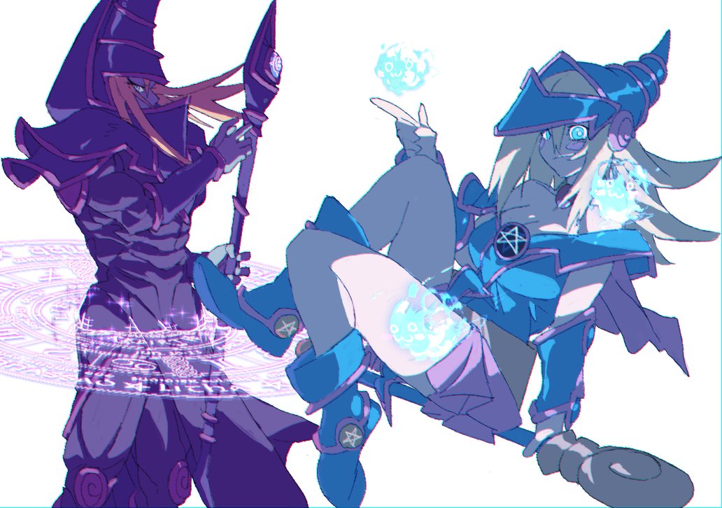 1boy 1girl armor blue_boots blue_hat boots breasts cleavage dark_magician dark_magician_girl duel_monster hat holding holding_staff layeyes looking_at_viewer pink_skirt purple_armor showgirl_skirt skirt staff wizard_hat yu-gi-oh!