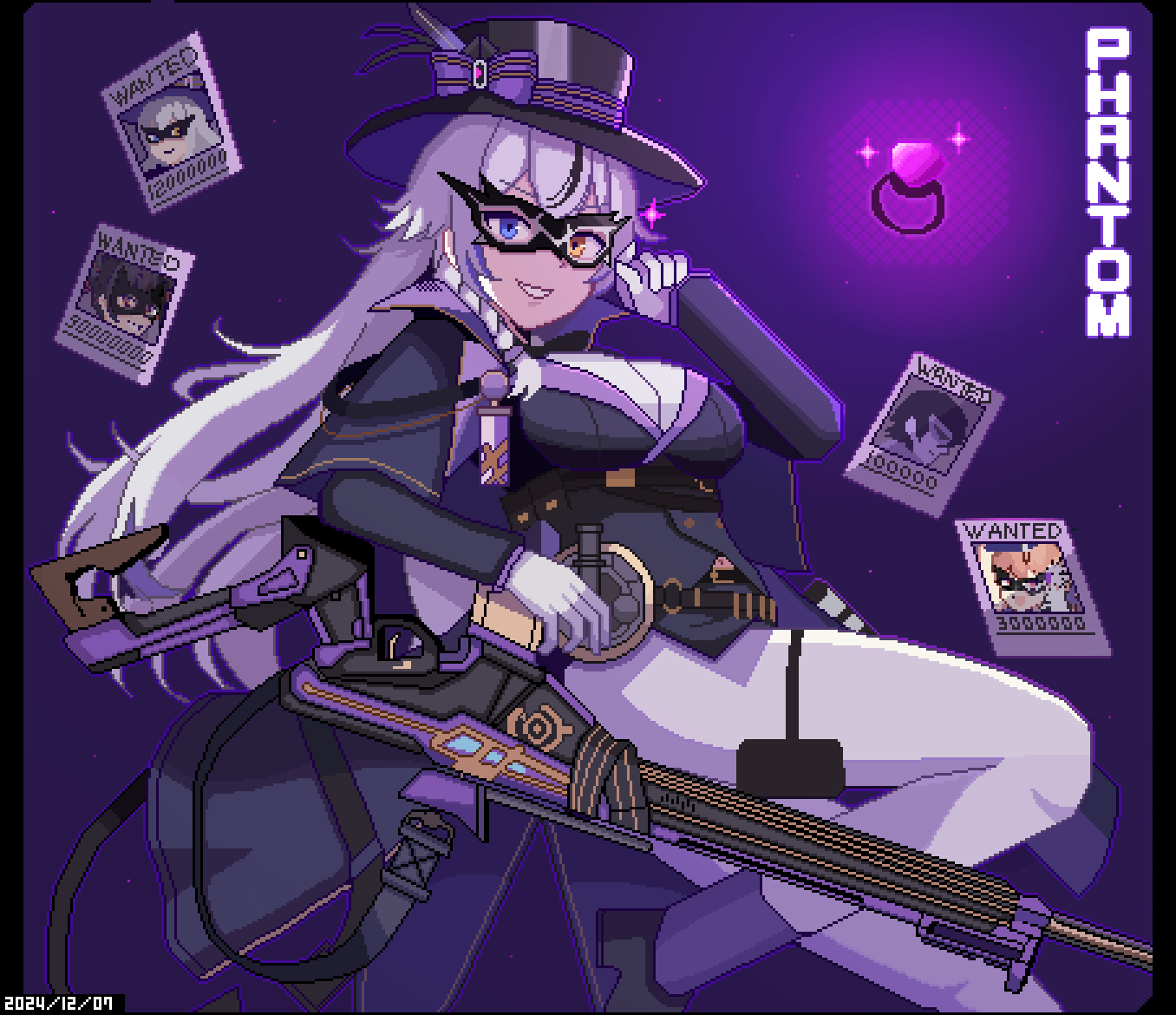 1girl assault_rifle black_hair black_streaks blue_eyes breasts brown_hair capelet cat_mask coat commander_(nikke) commentary_request domino_mask double-parted_bangs gloves goddess_of_victory:_nikke greyscale gun hat heterochromia jewelry leg_up long_hair looking_at_viewer mask miranda_(nikke) miranda_(thief_of_justice)_(nikke) monochrome multicolored_hair pantyhose phantom_(nikke) pixel_art quency_(escape_queen)_(nikke) quency_(nikke) red_streaks rifle ring shorts smile solo sparkle strap streaked_hair sugiyamasama wanted_poster weapon white_gloves white_hair yellow_eyes