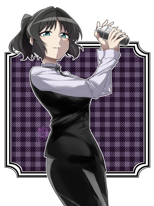 1girl aqua_eyes bartender black_hair black_pants breasts kohinata_miku long_sleeves looking_at_viewer looking_down medium_breasts nabeiro_kin pants ponytail senki_zesshou_symphogear shirt sidelocks solo white_background white_shirt