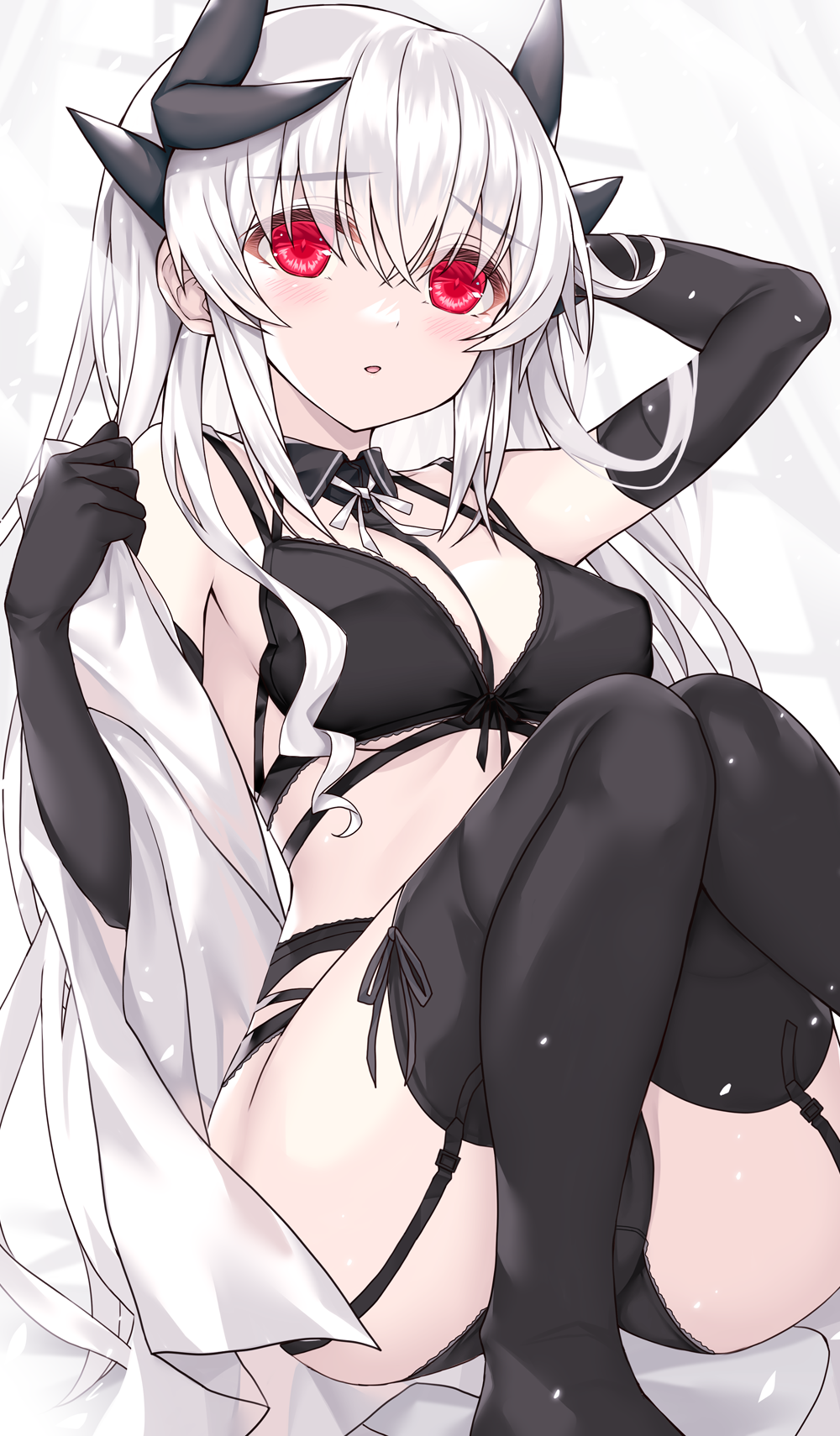 1girl alternate_costume black_bra black_gloves black_panties black_thighhighs bra breasts dragon_girl dragon_horns elbow_gloves fate/grand_order fate_(series) garter_belt gloves grey_hair hair_between_eyes highres horns kiyohime_(third_ascension)_(fate) long_hair medium_breasts morizono_shiki multiple_horns panties red_eyes solo thighhighs underwear underwear_only very_long_hair