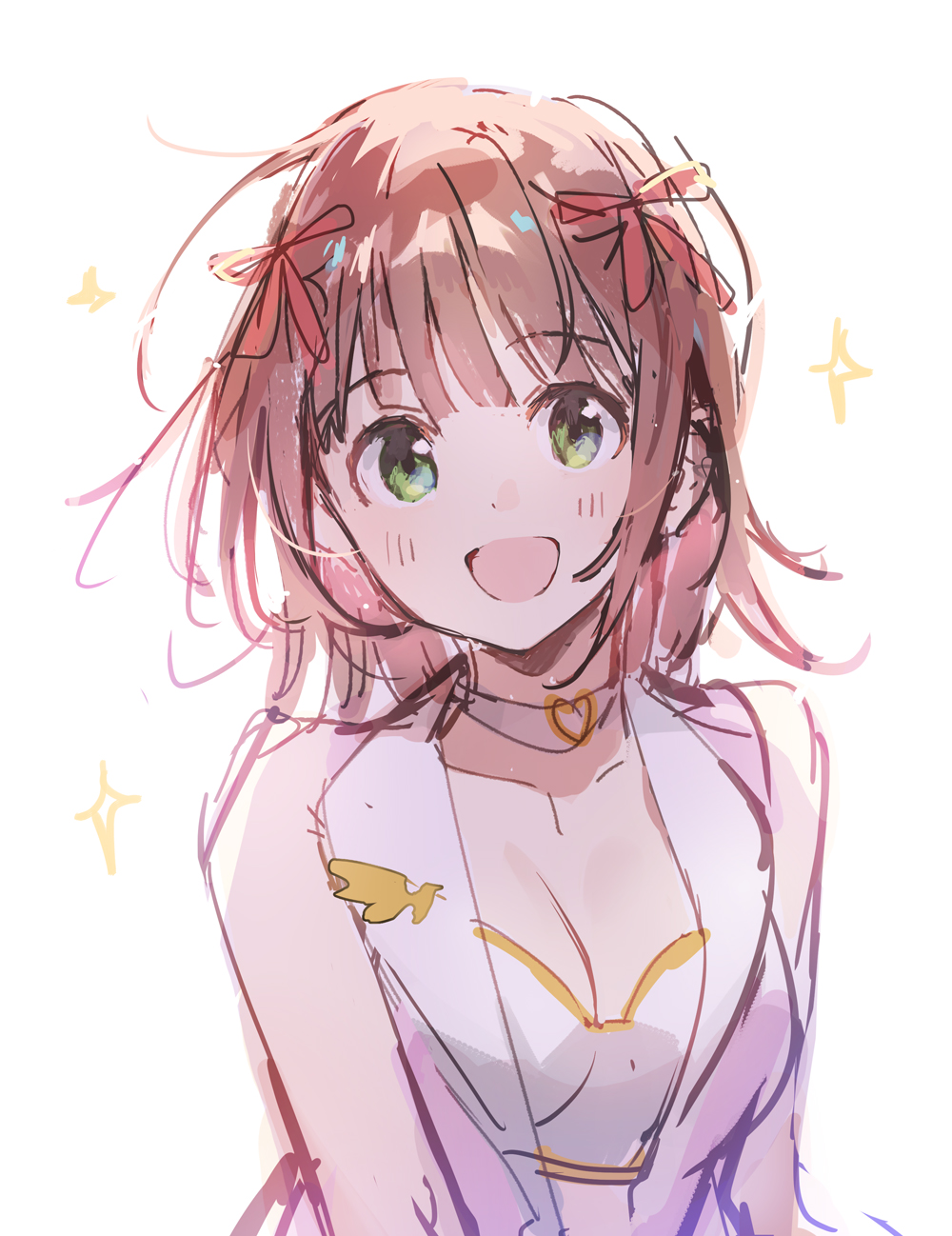 1girl :d amami_haruka bare_shoulders blush breasts brown_hair choker cleavage eyelashes green_eyes hair_ribbon highres idol idolmaster idolmaster_(classic) idolmaster_million_live! idolmaster_million_live!_theater_days luxury_(idolmaster) medium_breasts medium_hair open_mouth pink_diamond_765_(idolmaster) red_ribbon ribbon sketch sleeveless sleeveless_jacket smile solo sparkle tareme upper_body weee_(raemz)