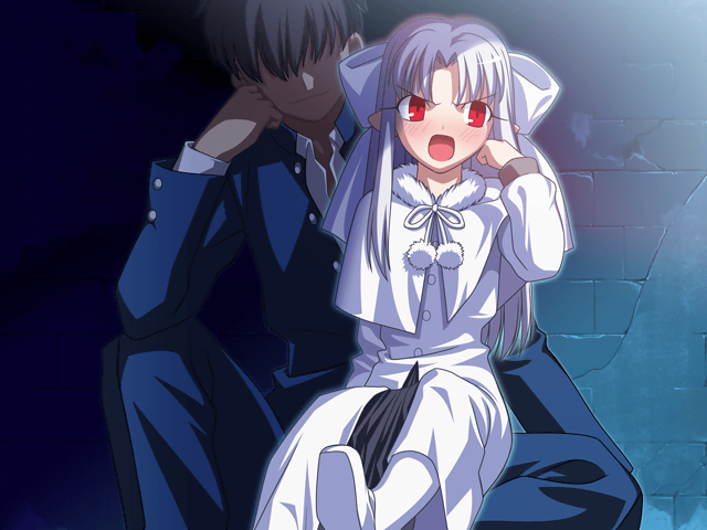 1boy 1girl annoyed blush bow capelet character_request check_character child gakuran hair_bow long_hair looking_to_the_side melty_blood nanaya_shiki no_eyes on_floor open_mouth pantyhose pointy_ears red_eyes school_uniform short_hair sitting sitting_on_lap sitting_on_person smile tohno_shiki tsukihime tsundere white_hair white_len_(tsukihime)