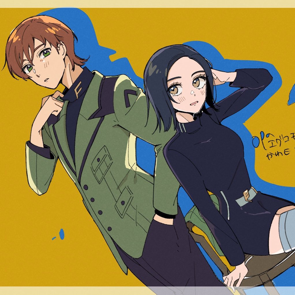 1boy 1girl black_hair blush brown_hair comoli_harcourt forehead green_eyes gundam gundam_gquuuuuux jacket long_sleeves looking_at_viewer military_uniform mole mole_under_eye mole_under_mouth open_mouth shirt short_hair sirakoo skirt turtleneck xavier_olivette yellow_eyes