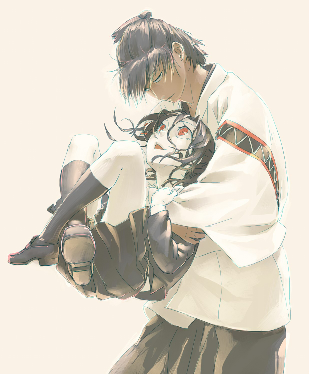 1boy 1girl black_footwear black_hair black_shirt black_skirt black_socks brown_hair carrying carrying_person chonmage dark-skinned_male dark_skin hakama japanese_clothes kneehighs kyousai leuco looking_at_another nurarihyon_no_mago red_eyes shirt simple_background skirt socks topknot torii_natsumi upper_body white_shirt