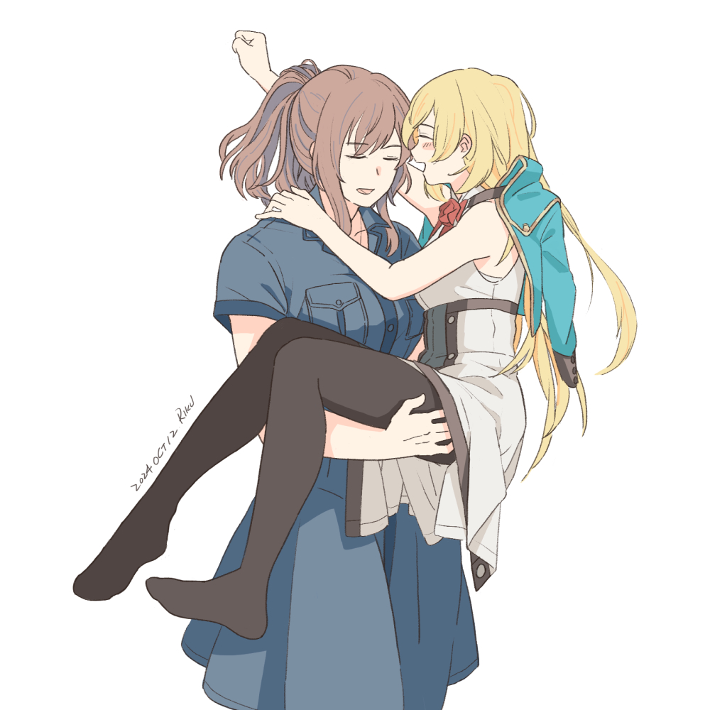 2girls black_dress black_pantyhose blonde_hair breast_pocket breasts carrying carrying_person closed_eyes cropped_jacket dress flower green_jacket hair_between_eyes jacket jacket_on_shoulders kantai_collection large_breasts long_hair medium_breasts military_uniform multiple_girls official_alternate_hair_length official_alternate_hairstyle pantyhose pocket princess_carry red_flower red_rose riku-a rose saratoga_(kancolle) saratoga_mk_ii_(kancolle) sidelocks very_long_hair victorious_(kancolle)