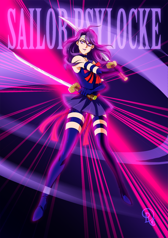 1girl bishoujo_senshi_sailor_moon blue_boots blue_gloves boots character_name choker circlet cosplay drachea_rannak dual_wielding elbow_gloves psylocke female_focus full_body gloves holding lipstick makeup marvel miniskirt parody pleated_skirt psylocke purple_eyes purple_hair purple_lips purple_skirt ribbon sailor_senshi sailor_senshi_(cosplay) skirt smile solo sword thigh_boots thighhighs unofficial_sailor_senshi_uniform watermark weapon x-men