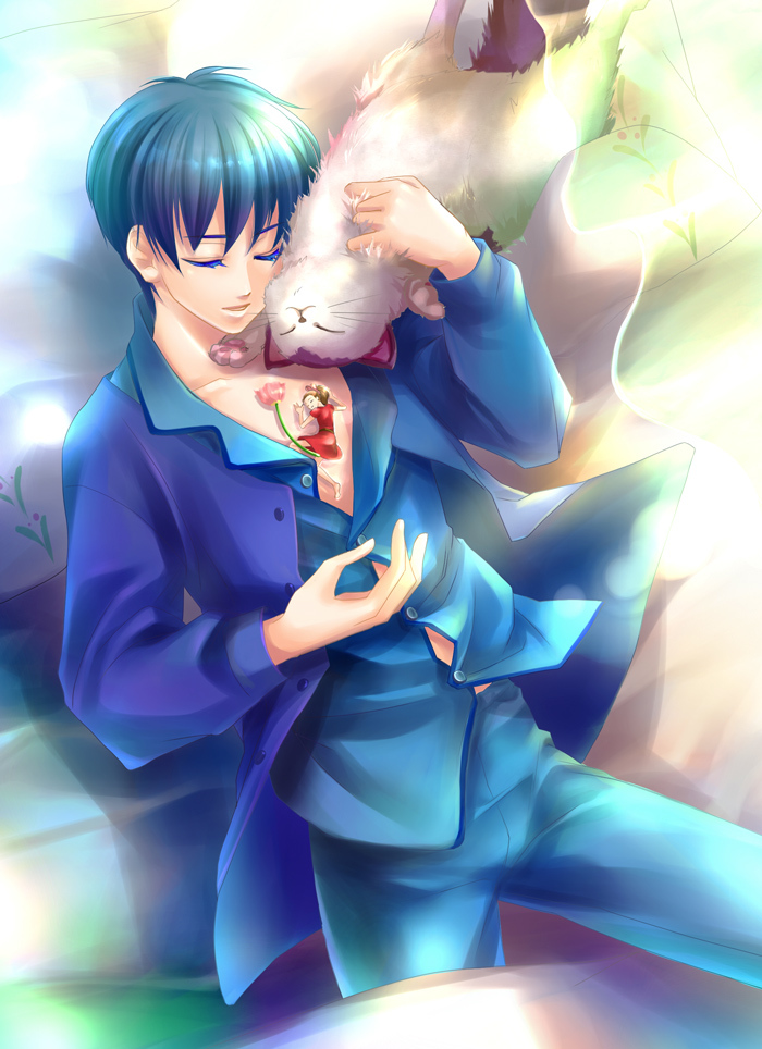 10s 1boy 1girl animal arrietty bed blue_hair brown_hair cat closed_eyes collarbone colored_eyelashes dress flower karigurashi_no_arrietty lying mini_person minigirl nachicoco pajamas parted_lips ponytail shou_(karigurashi_no_arrietty) sleeping unbuttoned
