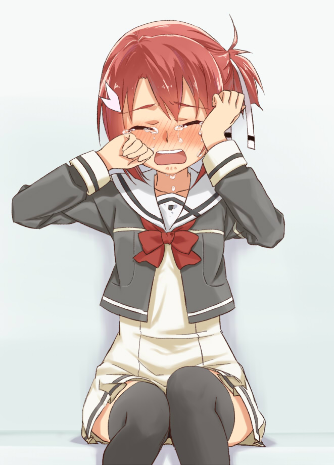 10s 1girl black_legwear blush bow bowtie closed_eyes collarbone crying female_focus open_mouth red_hair ribbon shikou_sakugo_(qqap9gt9k) shikousakugo sitting solo tears teeth yuuki_yuuna yuuki_yuuna_wa_yuusha_de_aru yuusha_de_aru