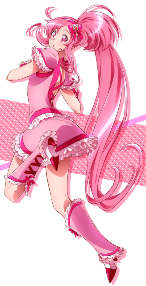 0417nao 1girl aino_hikaru_(0417nao) bad_id bad_pixiv_id boots bow cure_prism_(0417nao) female_focus frills full_body hair_bow hairband high_ponytail knee_boots long_hair looking_back magical_girl original pink_boots pink_bow pink_eyes pink_hair pink_skirt ponytail precure sidelocks skirt solo very_long_hair