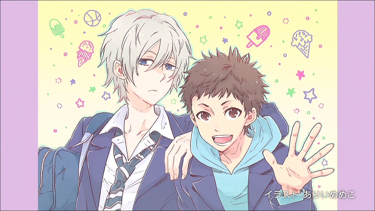 2boys acm black_hair blazer end_card fujiwara_(netsuzou_trap) hood hoodie jacket jitome loose_necktie male_focus multiple_boys necktie netsuzou_trap official_art open_mouth pillarboxed school_uniform short_hair silver_hair simple_background smile takeda_(netsuzou_trap) upper_body waving yellow_background
