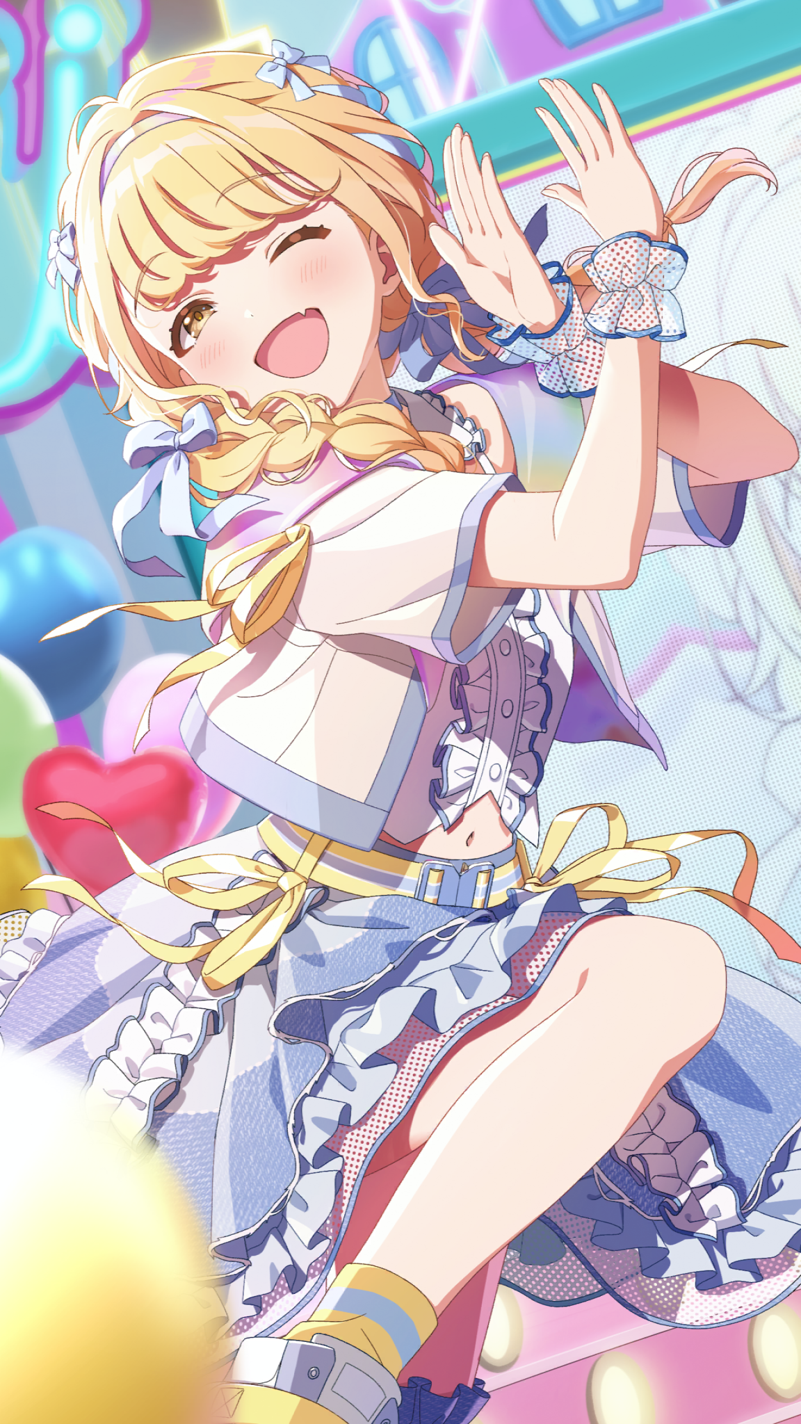 1girl balloon belt blonde_hair bow braid center_frills fang frills fujita_kotone gakuen_idolmaster game_cg hair_bow hairband heart highres idol_clothes idolmaster jacket monitor navel official_art one_eye_closed open_mouth sekaiichi_kawaii_watashi_(idolmaster) skin_fang skirt solo wrist_cuffs yellow_eyes