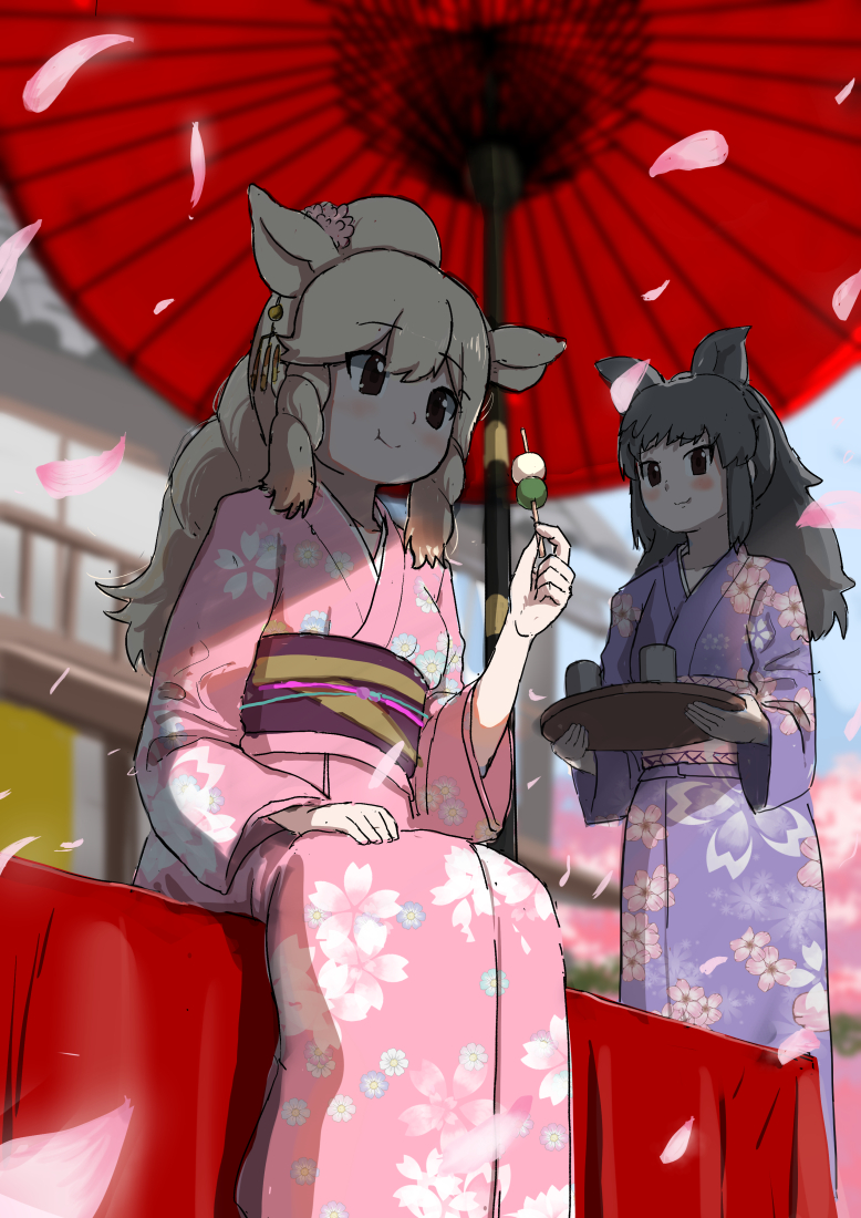 2girls alternate_costume animal_ears black_hair black_rhinoceros_(kemono_friends) blue_kimono eating extra_ears floral_print food hair_between_eyes japanese_clothes kemono_friends kimono long_hair multiple_girls obi oil-paper_umbrella pink_kimono ponytail print_kimono rhinoceros_ears rhinoceros_girl sash sidelocks sitting standing takoyaki umbrella white_hair white_rhinoceros_(kemono_friends) yumeumi_sousaku