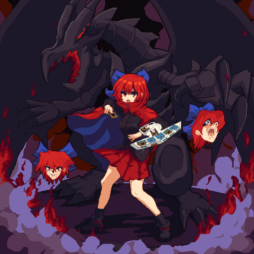 1girl black_background black_footwear black_shirt blue_bow bow cloak commentary creepy_chin_joey_wheeler_(meme) disembodied_head dragon duel_disk english_commentary fire full_body hair_bow jonouchi_katsuya kaiba_seto looking_at_viewer meme multiple_heads open_mouth parody red-eyes_black_dragon red_hair red_skirt rioku sekibanki shirt short_hair skirt standing touhou yu-gi-oh!