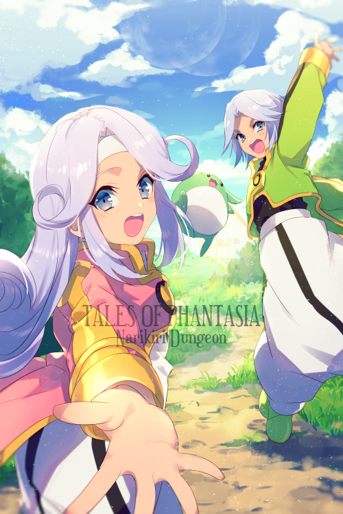 1boy 1girl blue_eyes blush brother_and_sister closed_eyes copyright_name dio_(tales) dress echo_(circa) headband long_hair mel_(tales) open_mouth pantyhose reaching reaching_towards_viewer siblings skirt smile tales_of_(series) tales_of_phantasia tales_of_phantasia:_narikiri_dungeon tales_of_phantasia:_narikiri_dungeon_x