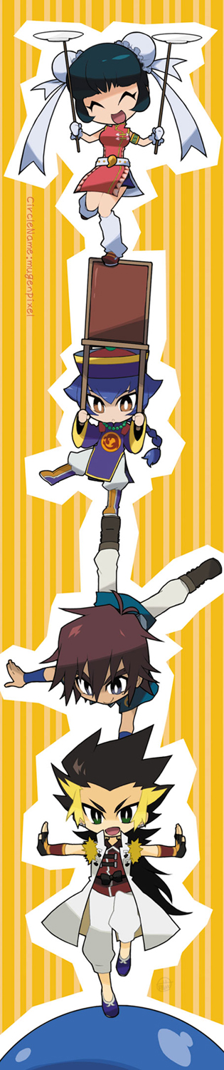 1girl 3boys :&lt; ^_^ aqua_hair aqua_shirt artist_name balancing ball beyblade black_hair blue_footwear blue_hair braid braided_ponytail brown_eyes brown_footwear brown_hair chair chibi chibi_only china_dress chinese_clothes closed_eyes coat dress earrings exercise_ball fingerless_gloves fujihana_(mugenpixel) gloves green_eyes grey_eyes hair_bun handstand hat highres holding_chair jewelry leg_up leg_warmers li_chi-yun long_image looking_down mei_mei_(beyblade) metal_fight_beyblade multicolored_footwear multicolored_hair multiple_boys on_chair one_arm_handstand open_mouth pants plate_spinning qingdai_guanmao ribbon shirt sleeveless sleeveless_coat smile standing standing_on_chair streaked_hair tall_image wang_da_xiang white_coat white_gloves white_pants wristband yellow_trim zhou_xing_(beyblade)