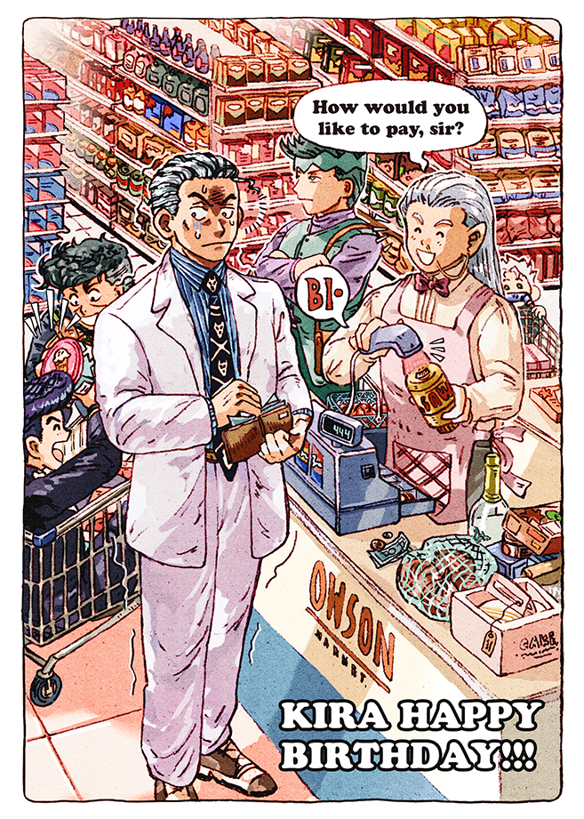6+boys aisle barcode_scanner black_hair bow bowtie cash_register cashier convenience_store diamond_wa_kudakenai employee_uniform english_text food formal_clothes green_hair grey_hair happy_birthday headband higashikata_josuke hirose_koichi holding holding_barcode_scanner ice_cream jojo_no_kimyou_na_bouken kawajiri_kosaku kira_yoshikage kishibe_rohan kotobawa male_focus multiple_boys necktie nijimura_okuyasu pointy_ears pompadour purple_hair shop shopping_cart store_clerk suit undercut wallet white_hair