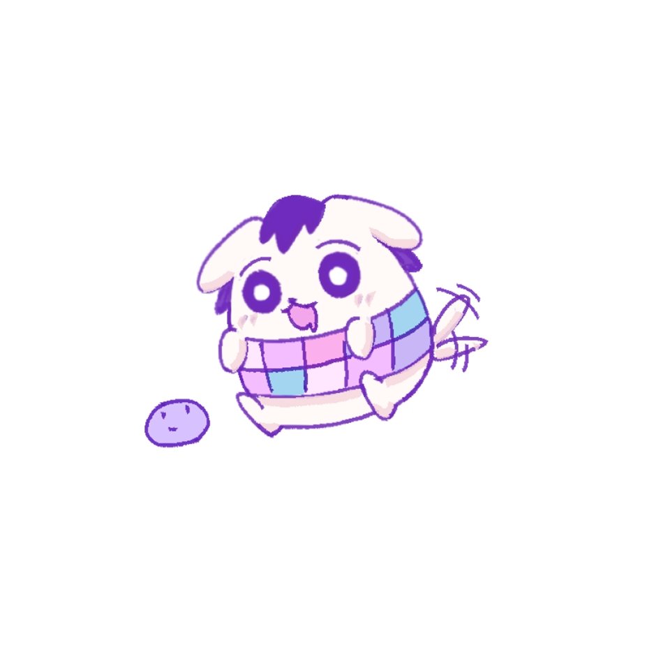 :3 animal animalization bright_pupils checkered_clothes commentary dog drooling hector_(omori) kel_(headspace)_(omori) kel_(omori) mouth_drool niu_tata no_humans omori open_mouth pet_rock purple_eyes purple_hair simple_background symbol-only_commentary tail tail_wagging white_background white_pupils