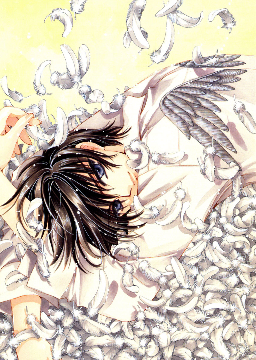 black_hair blue_eyes clamp feathers highres shirou_kamui short_hair smile wings x