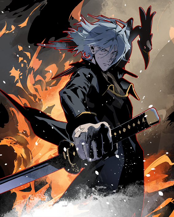 1boy animal animal_on_shoulder bird bird_on_shoulder black_bird black_jacket black_necktie black_pants cofffee collared_shirt cowboy_bebop cowboy_shot fire grey_hair grey_shirt hair_between_eyes holding holding_sword holding_weapon jacket katana long_sleeves looking_at_viewer male_focus medium_hair necktie pants shirt solo standing sword vicious_(cowboy_bebop) weapon