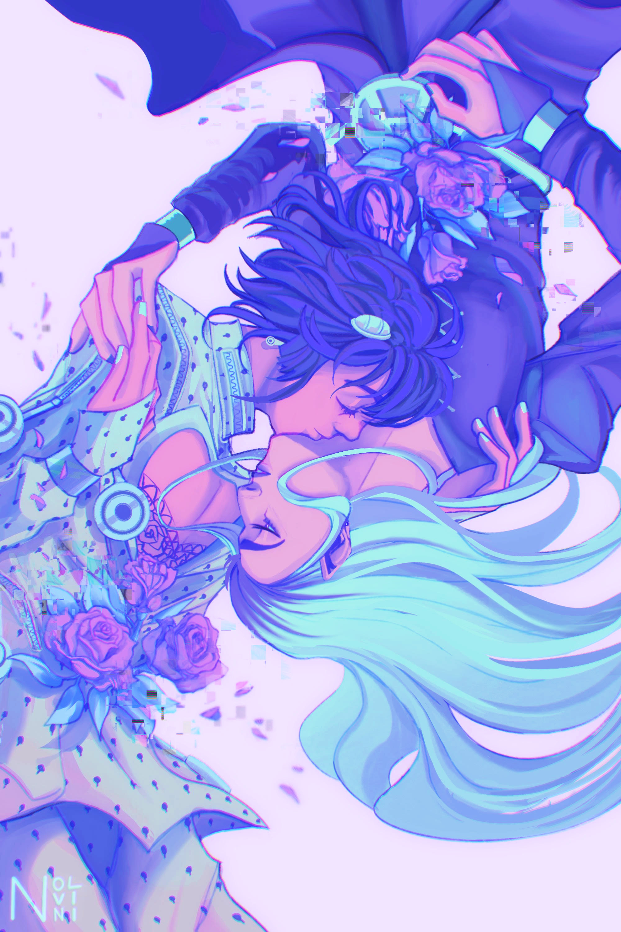2boys absurdres black_hair blue_theme bridal_gauntlets bruno_bucciarati closed_eyes clothing_cutout flower hair_ornament hairclip highres jojo_no_kimyou_na_bouken kiss leone_abbacchio long_hair makeup male_focus medium_hair multiple_boys nail_polish nolvini pectoral_cleavage pectorals petals rose upside-down vento_aureo yaoi