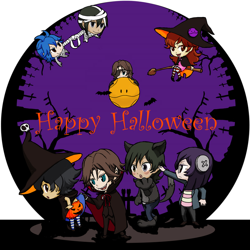 00s 1girl 6+boys allelujah_haptism bad_haro bandages bat_(animal) broom broom_riding brother_and_sister brothers brown_hair english_text eyepatch full_body gundam gundam_00 halloween halloween_costume happy_halloween haro hat johann_trinity lockon_stratos long_hair lyle_dylandy michael_trinity multiple_boys nena_trinity red_eyes setsuna_f._seiei siblings smiley_face tieria_erde witch_hat yamiya