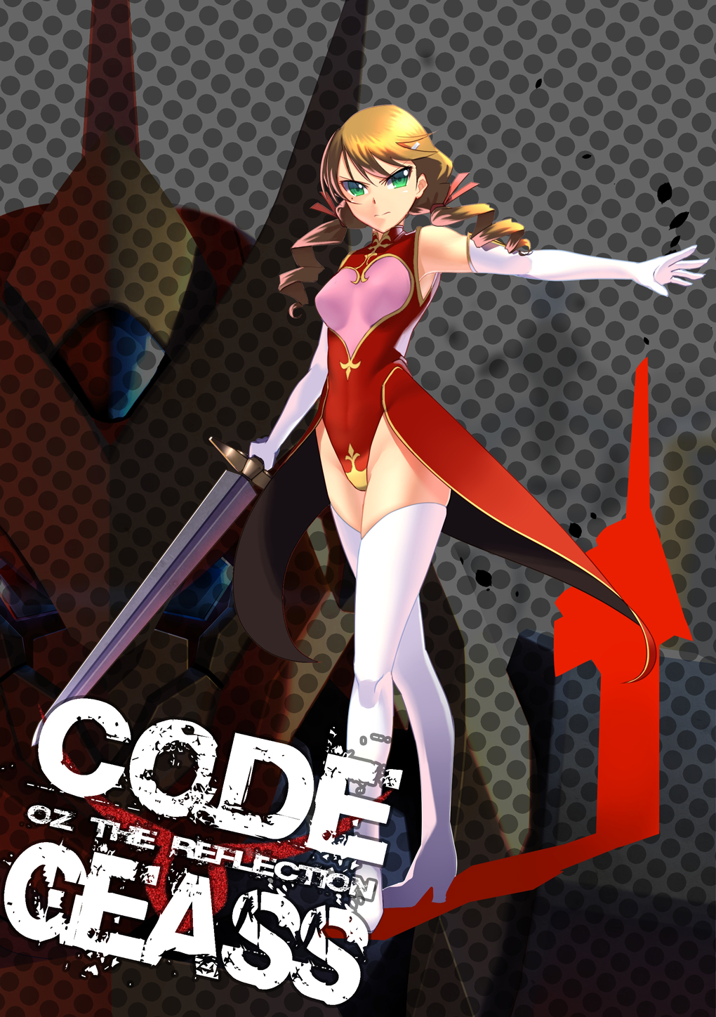 blue_eyes brown_hair byakuen_(code_geass) code_geass code_geass:_soubou_no_oz copyright_name covered_navel drill_hair green_eyes highres kuri_giepi lancelot_(code_geass) lancelot_grail leotard mecha oldrin_zevon open_hand red_skirt robot science_fiction skirt twin_drills v-fin