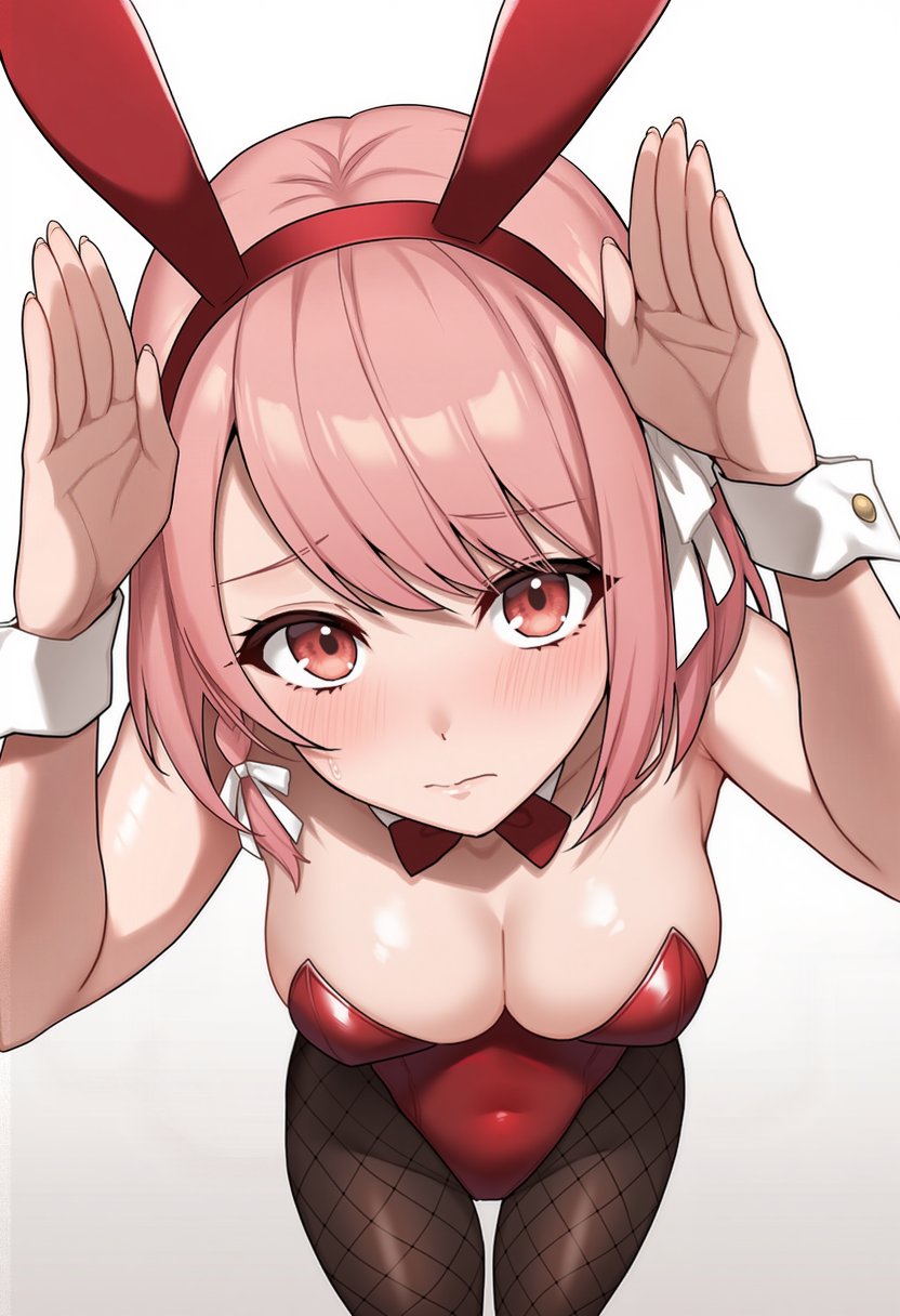 1girl animal_ears bare_shoulders black_leotard blush bow bowtie braid breasts detached_collar fake_animal_ears fire_emblem fire_emblem_engage highres lapis_(fire_emblem) leotard looking_at_viewer nervous nintendo pantyhose pink_eyes pink_hair playboy_bunny pyo_3300 rabbit_ears short_hair side_braid simple_background solo strapless strapless_leotard white_background wrist_cuffs
