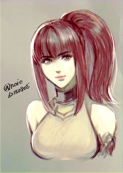 1girl breasts closed_mouth karin_koenig lips long_hair looking_at_viewer noie_(neunteedelstein) ponytail red_hair shadow_hearts shadow_hearts_ii simple_background solo twitter_username
