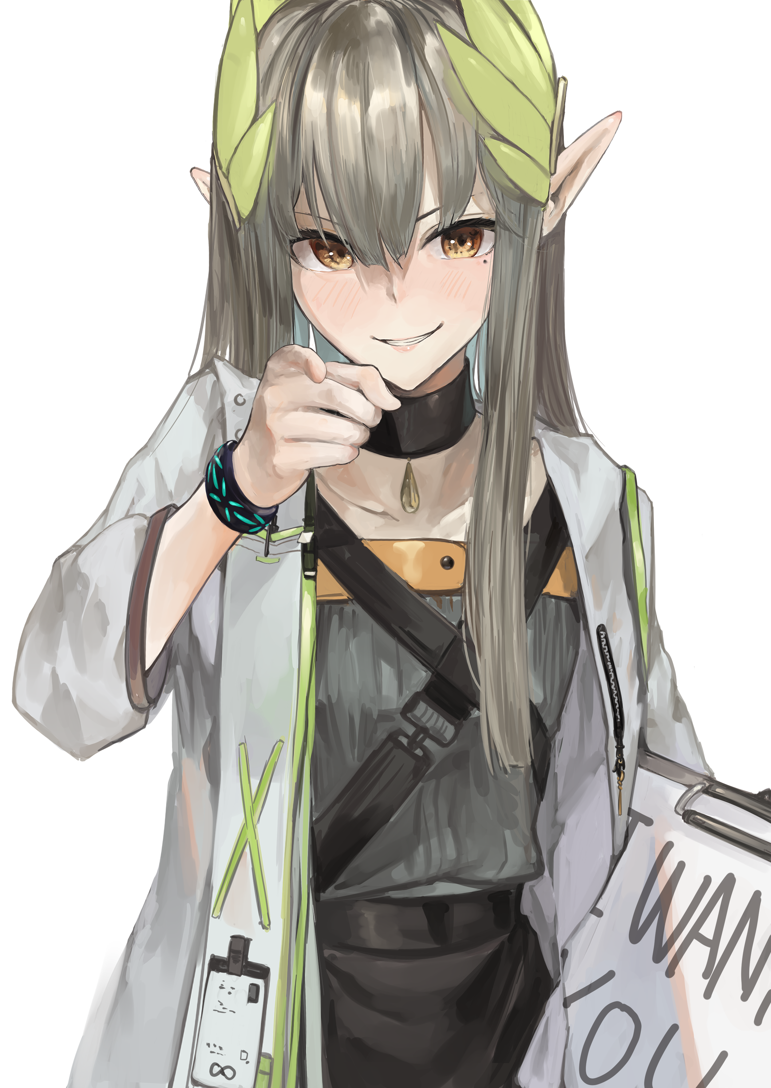1girl absurdres arknights black_choker black_skirt blush brown_hair choker clipboard collarbone english_text grey_shirt grin highres holding holding_clipboard i_want_you infection_monitor_(arknights) jacket kajuu laurel_crown long_hair long_sleeves mole mole_under_eye muelsyse_(arknights) open_clothes open_jacket pink_lips pointing pointing_at_viewer pointy_ears poster_parody shirt simple_background skirt smile solo white_background white_jacket yellow_eyes