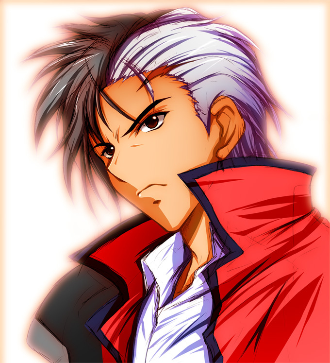 1boy arisu_reiji banpresto brown_eyes capcom male_focus multicolored_hair namco namco_x_capcom nanairo_souga sketch solo souga_nanairo super_robot_wars super_robot_wars_og_saga_mugen_no_frontier two-tone_hair